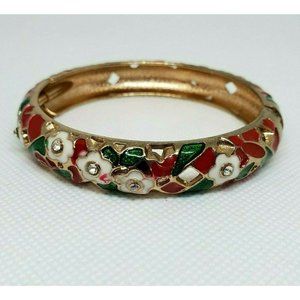 Vintage Signed T8 Gold Tone Cloisonne Enameled Christmas Hinged Bangle Bracelet